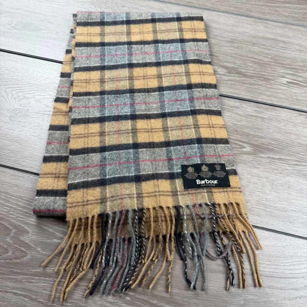 Barbour Unisex Scarf Classic Tartan Plaid Fringed Wool Tan OS